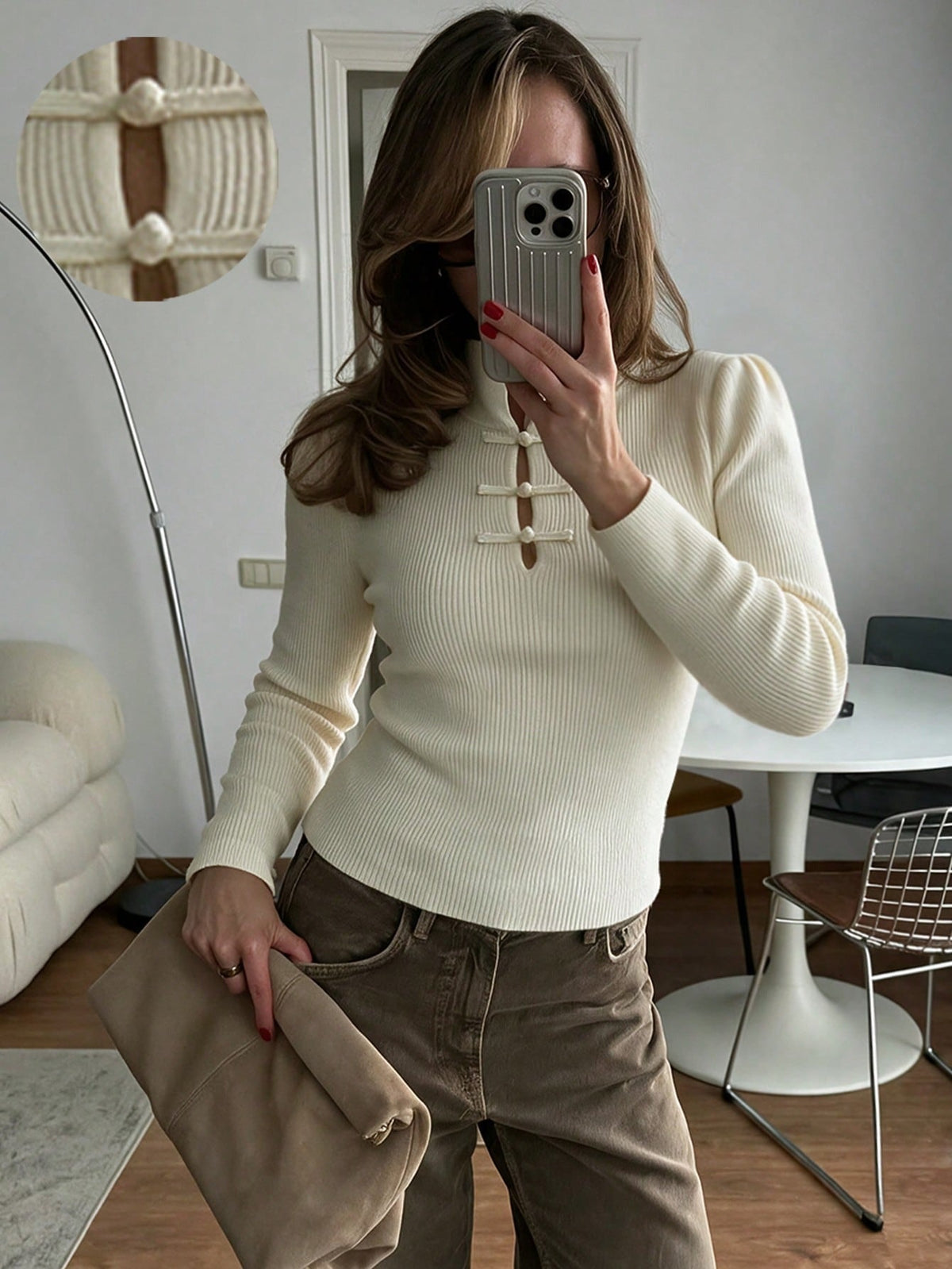 OLANE Mandarin Collar Ribbed Knit Top WhiteSTop