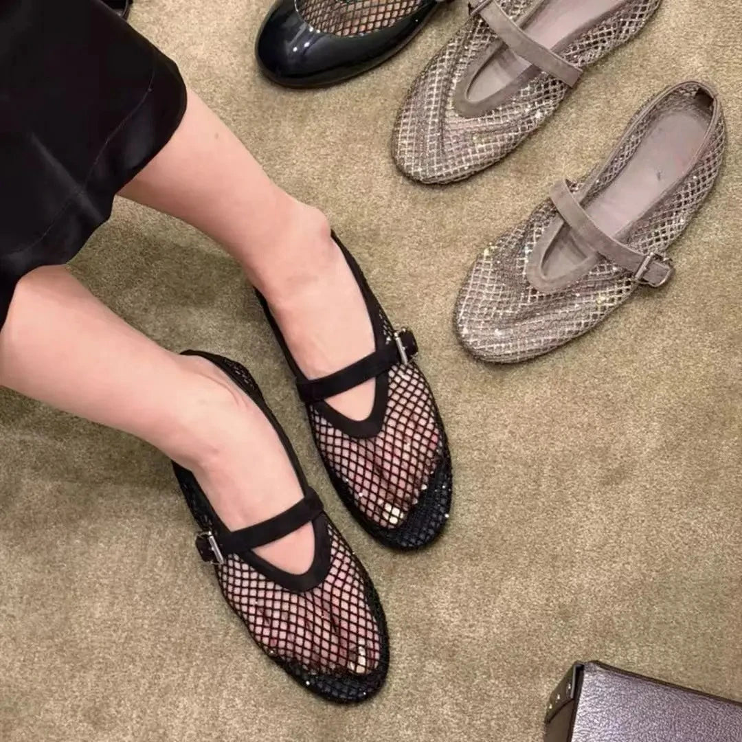 OLANE Mary Jane Rhinestone Mesh Ballet Flats Black35Women's Shoes