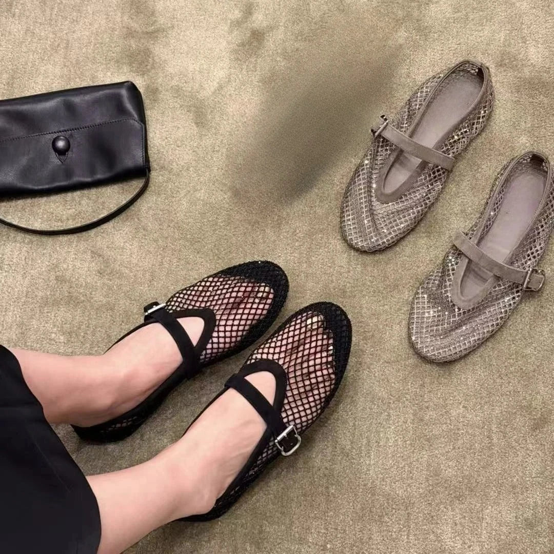 OLANE Mary Jane Rhinestone Mesh Ballet Flats Black35Women's Shoes