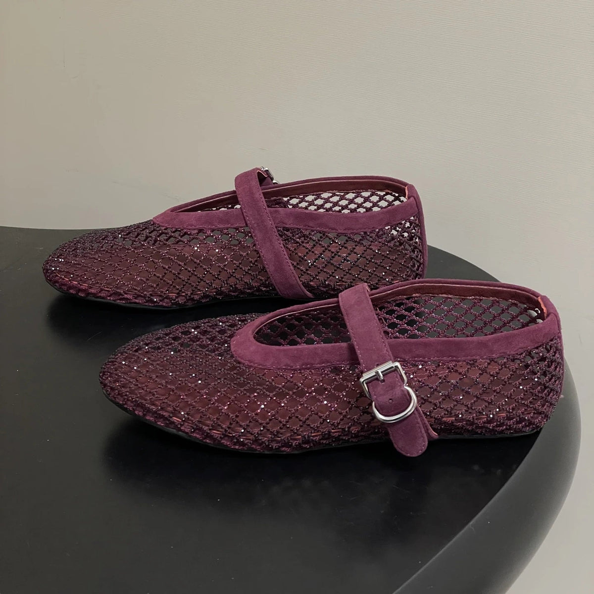 OLANE Mary Jane Rhinestone Mesh Ballet Flats Burgundy35Women's Shoes