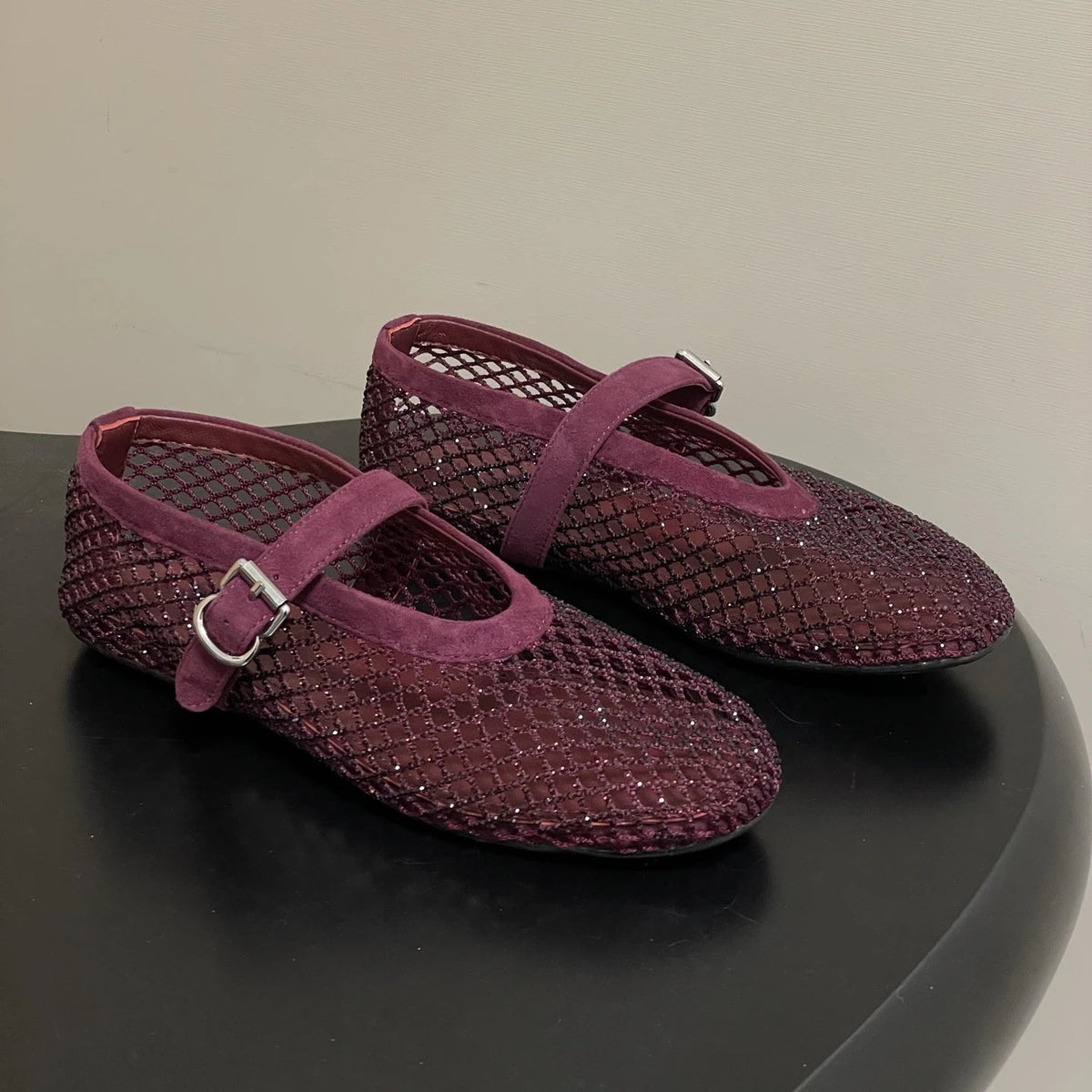 OLANE Mary Jane Rhinestone Mesh Ballet Flats Burgundy35Women's Shoes