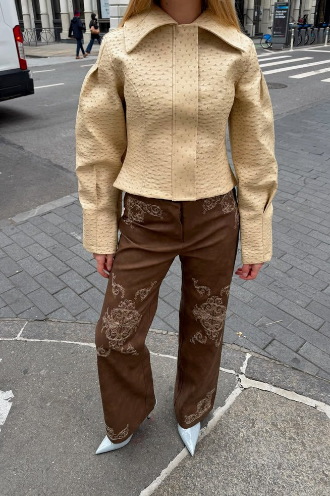 OLANE Ostrich Texture Cropped Faux Leather Jacket Women's Coats & Jackets