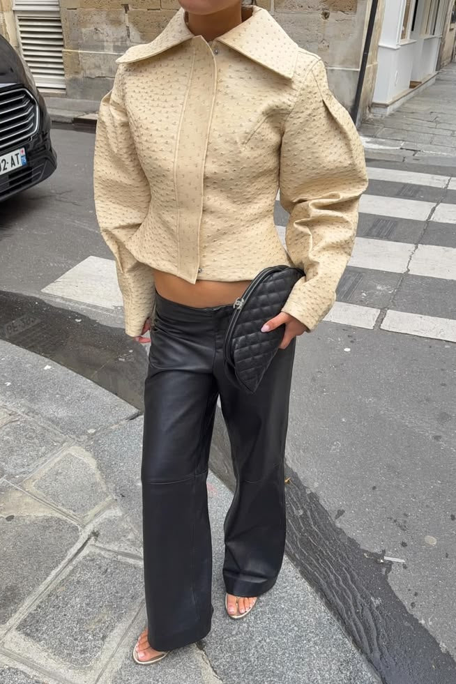 OLANE Ostrich Texture Cropped Faux Leather Jacket Women's Coats & Jackets
