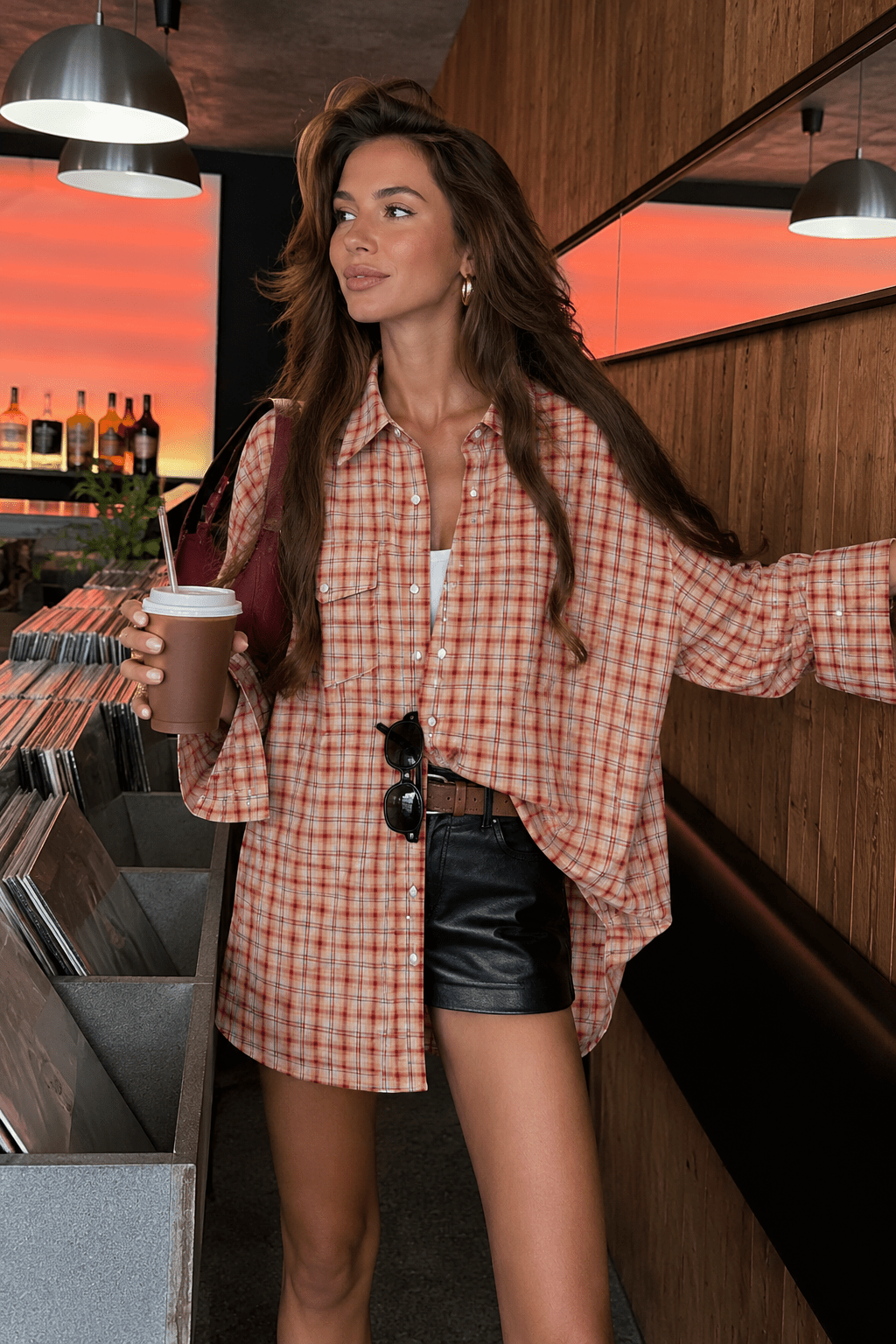 OLANE Oversized Plaid Long Sleeve Shirt OrangeSWomen’s Tops