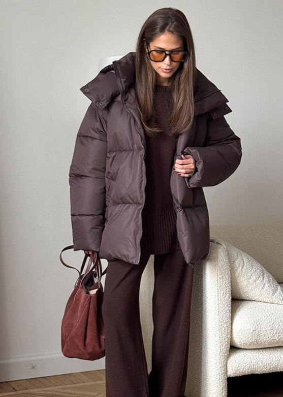OLANE Oversized Puffer Jacket with Detachable Hood Dark BrownSWomen's Coats & Jackets