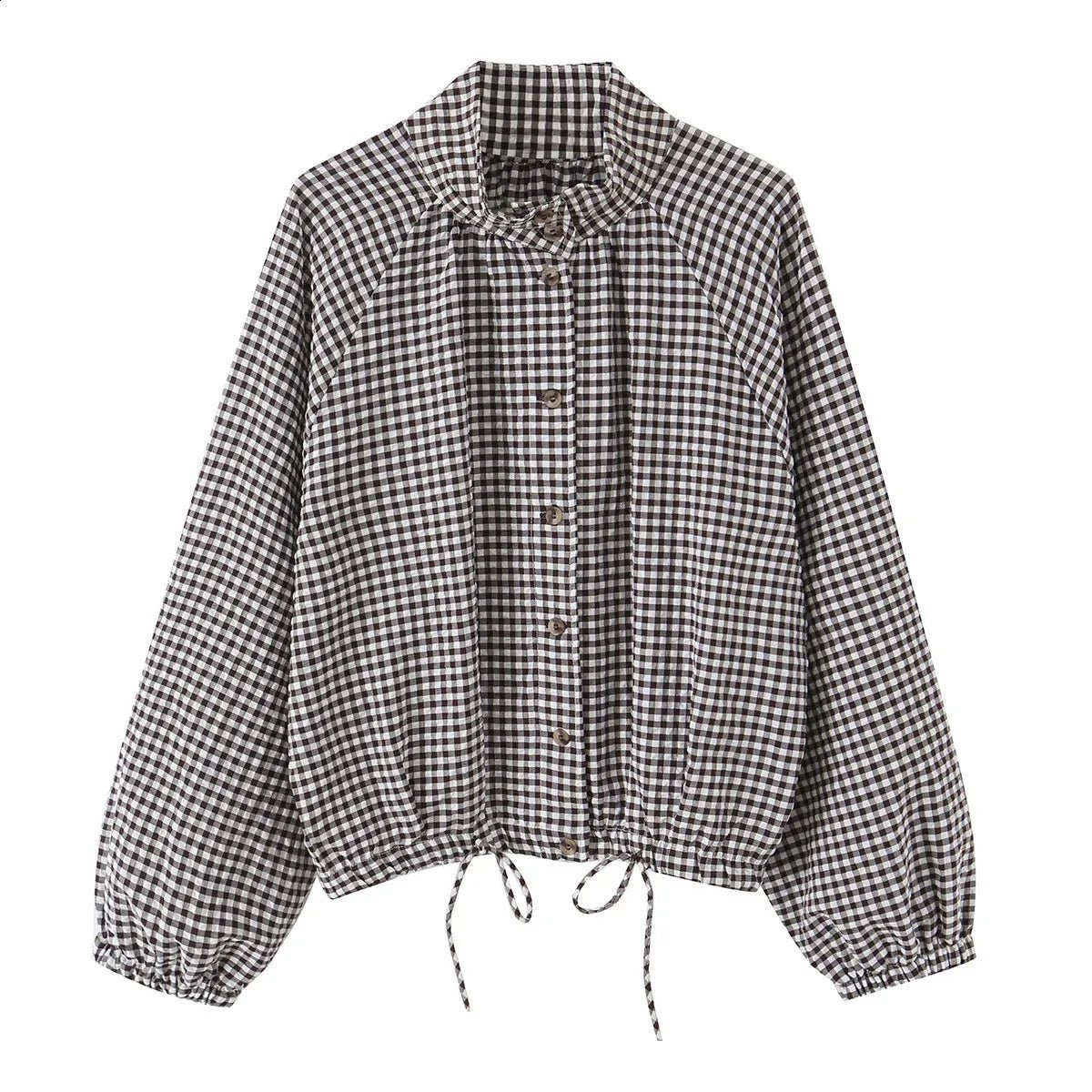 Karierte Jacke mit Kordelzug und hohem Kragen