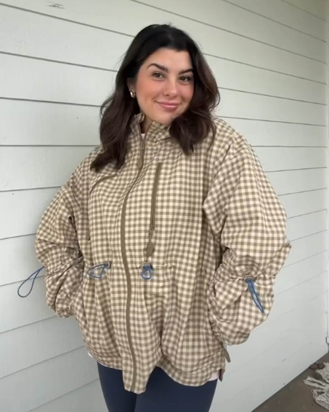 OLANE Plaid Drawstring Hooded Trench Jacket KhakiXSWomen's Coats & Jackets