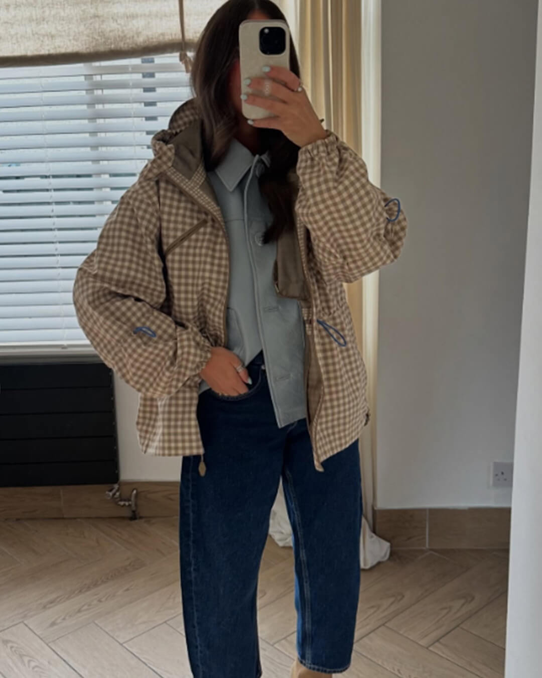 OLANE Plaid Drawstring Hooded Trench Jacket KhakiXSWomen's Coats & Jackets