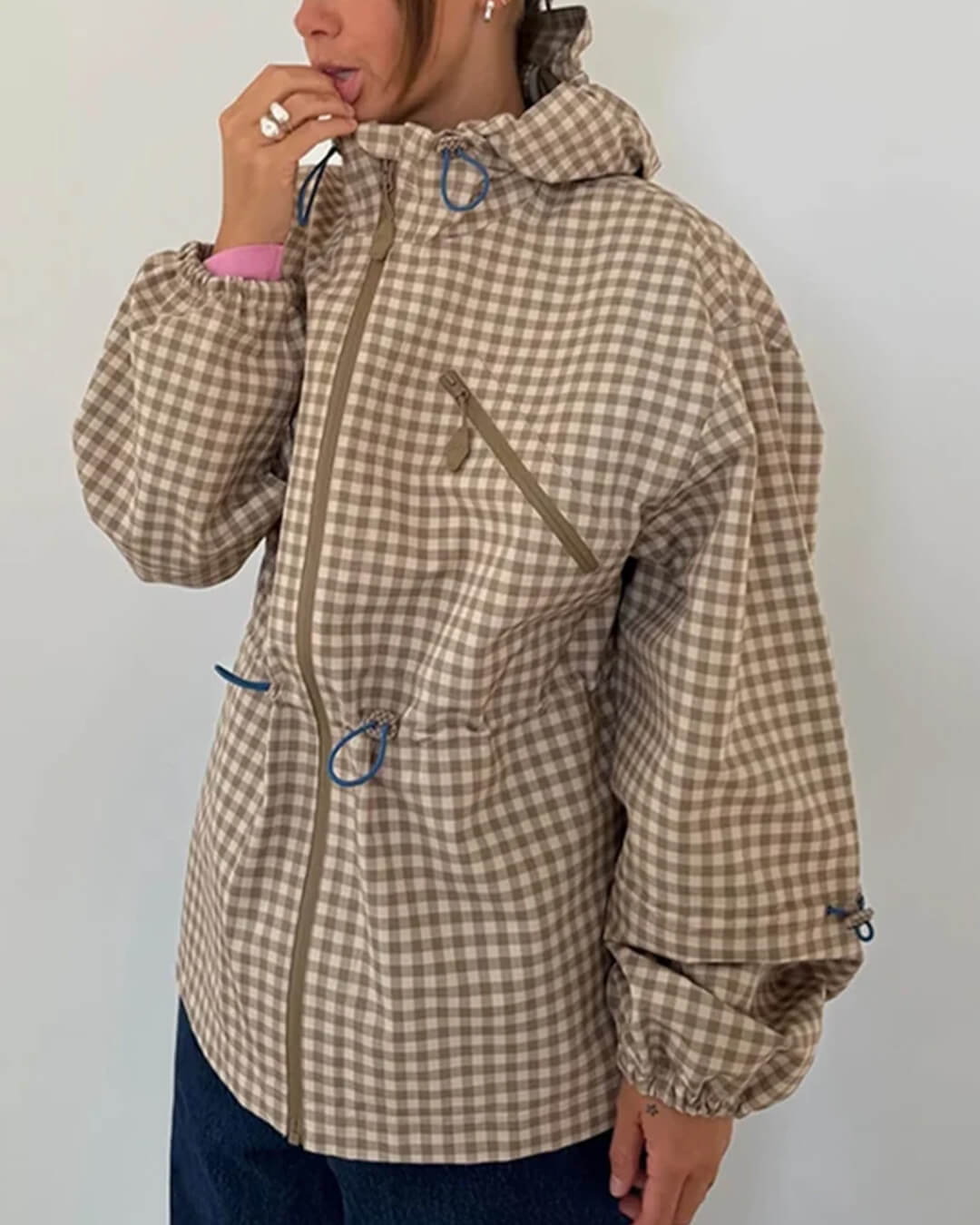 OLANE Plaid Drawstring Hooded Trench Jacket KhakiXSWomen's Coats & Jackets