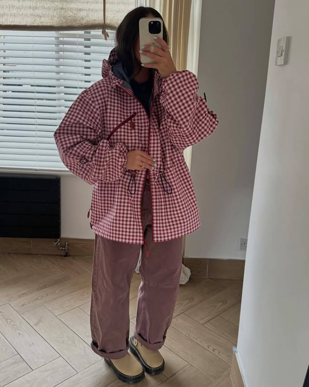 OLANE Plaid Drawstring Hooded Trench Jacket RedXSWomen's Coats & Jackets