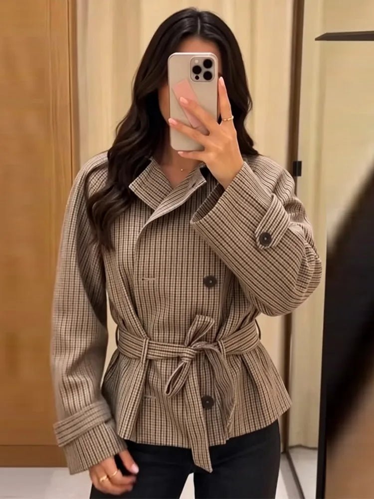OLANE Plaid Funnel Collar Trench Coat PlaidLCoat