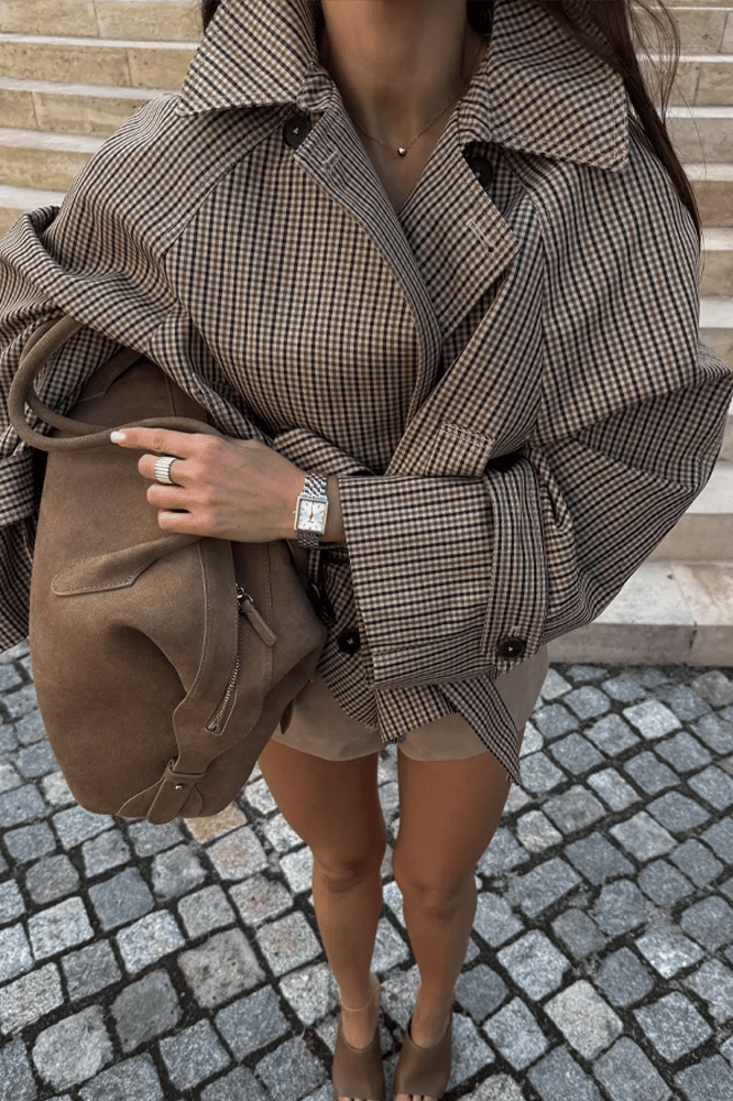 OLANE Plaid Funnel Collar Trench Coat PlaidMCoat