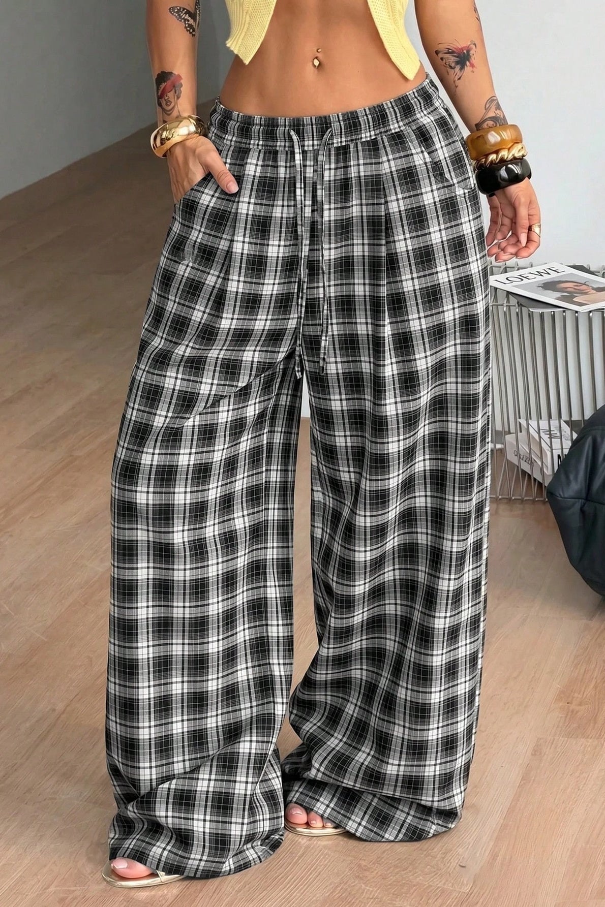 OLANE Plaid Wide Leg Drawstring Pants BlackMWomen's Bottoms