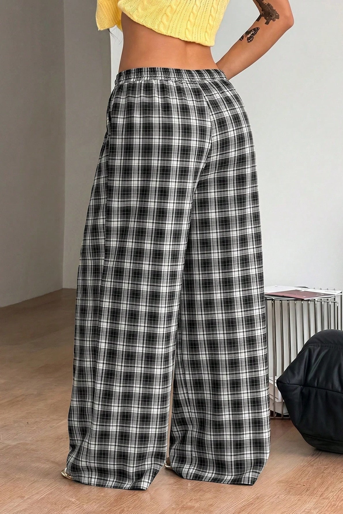 OLANE Plaid Wide Leg Drawstring Pants BlackMWomen's Bottoms