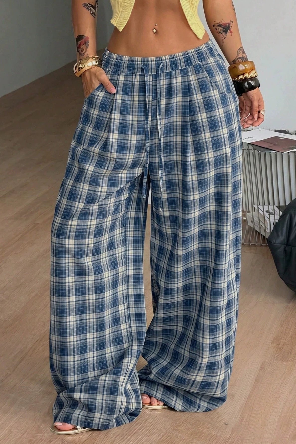OLANE Plaid Wide Leg Drawstring Pants BlueMWomen's Bottoms