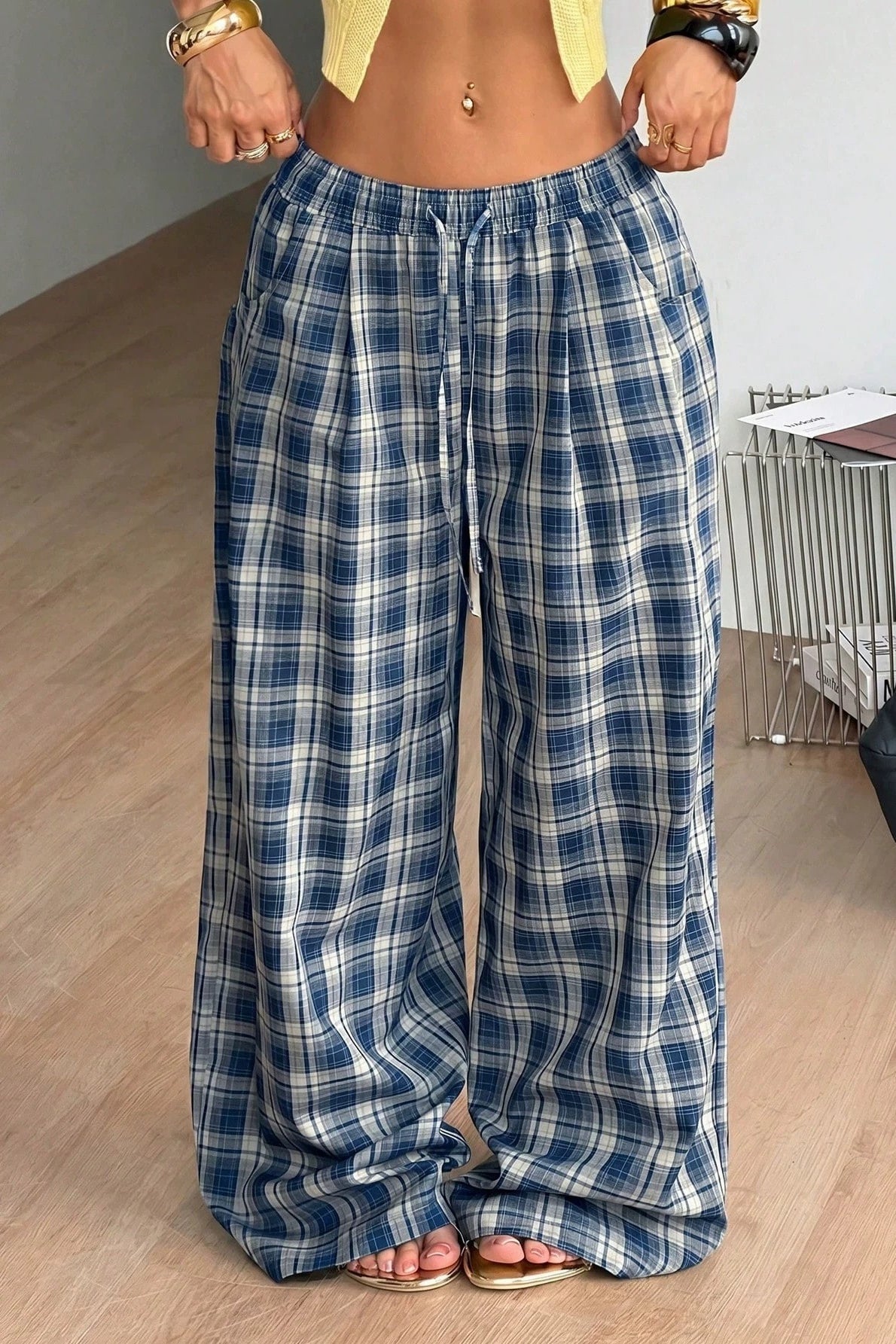 OLANE Plaid Wide Leg Drawstring Pants BlueSWomen's Bottoms