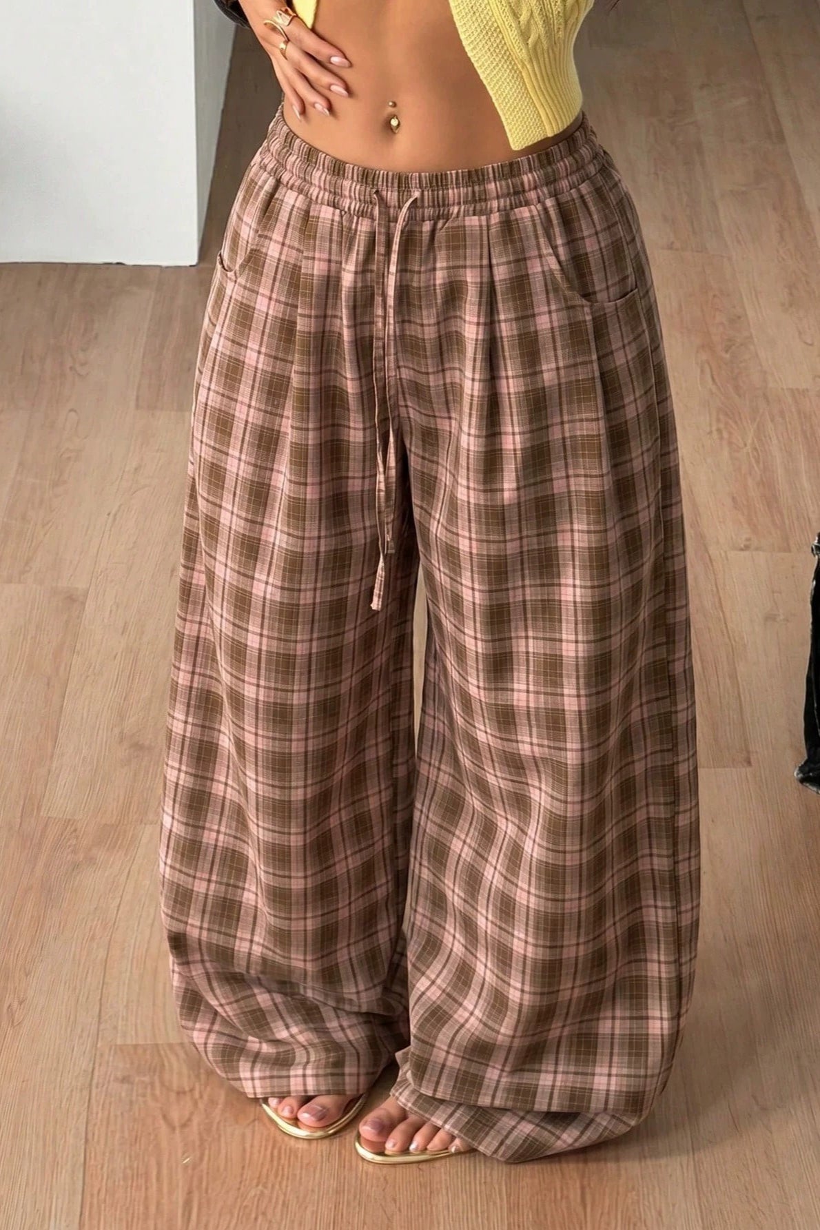 OLANE Plaid Wide Leg Drawstring Pants BrownSWomen's Bottoms