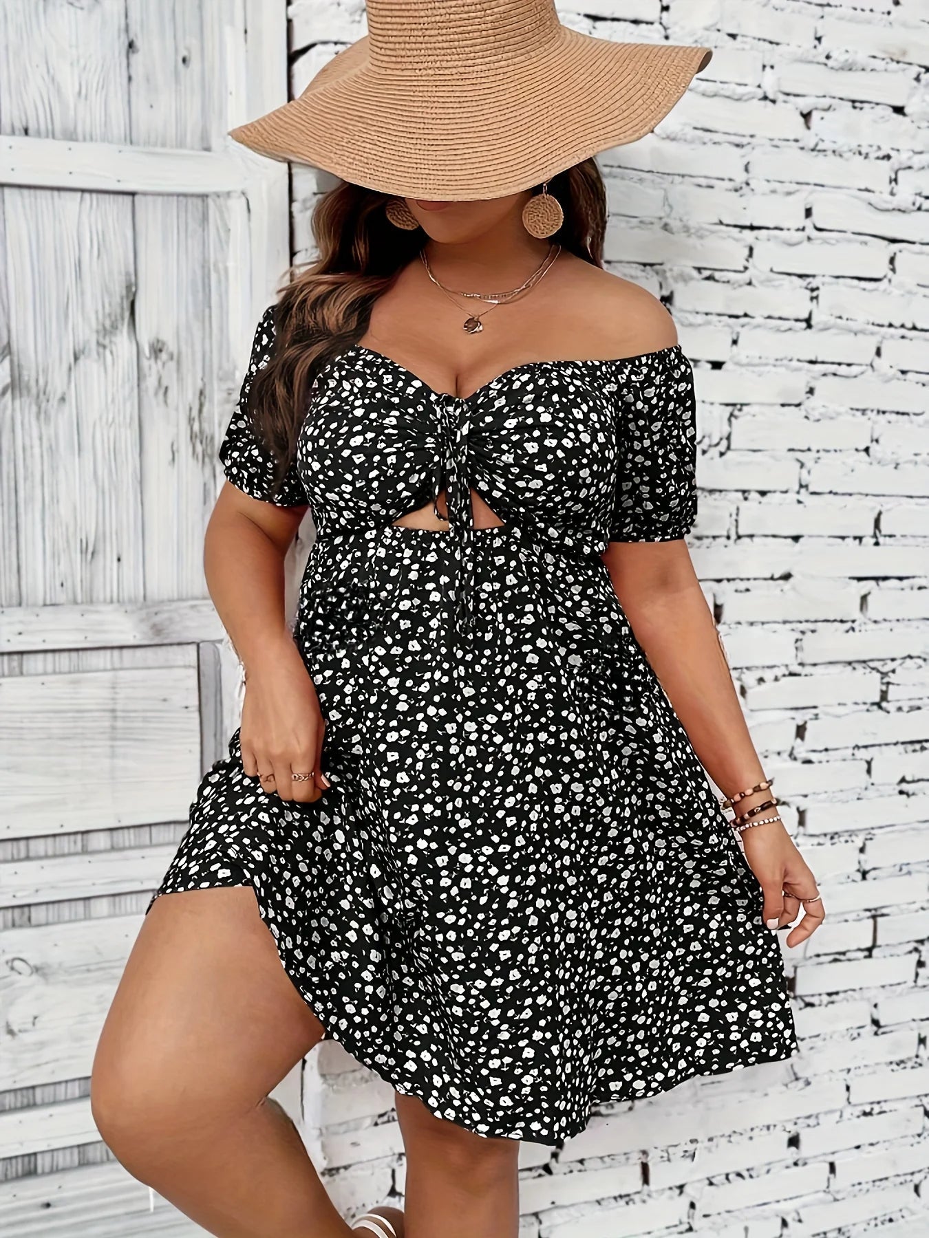OLANE Plus Size Off-the-Shoulder Floral Dress BlackXLWomen's Dresses