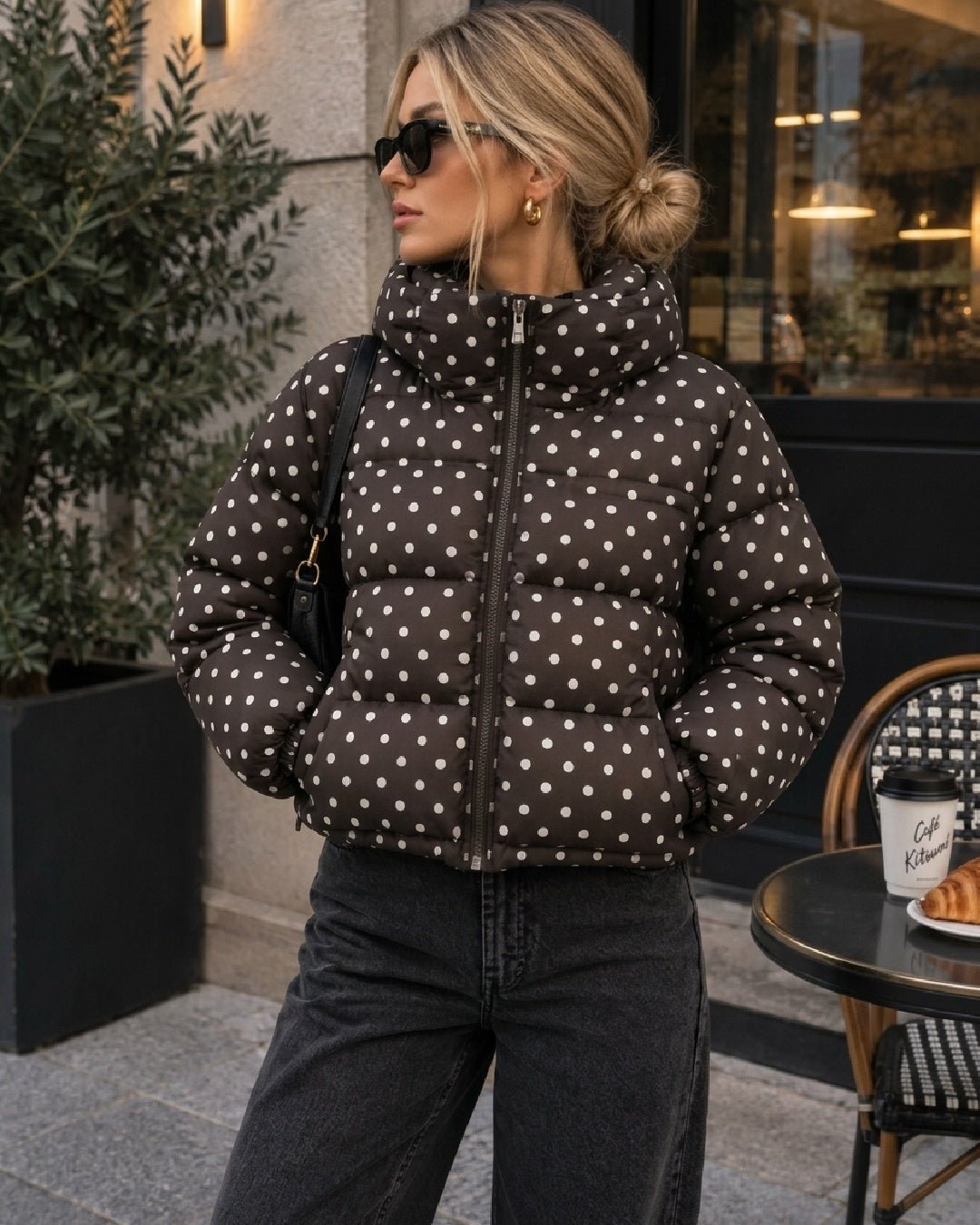 Gepunktete kurze Daunenjacke