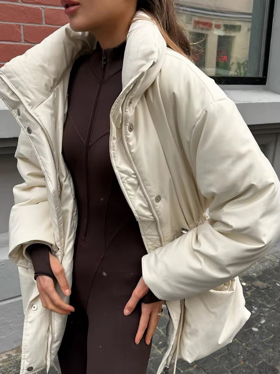 OLANE Quilted Stand Collar Padded Puffer Coat BeigeMWomen's Coats & Jackets