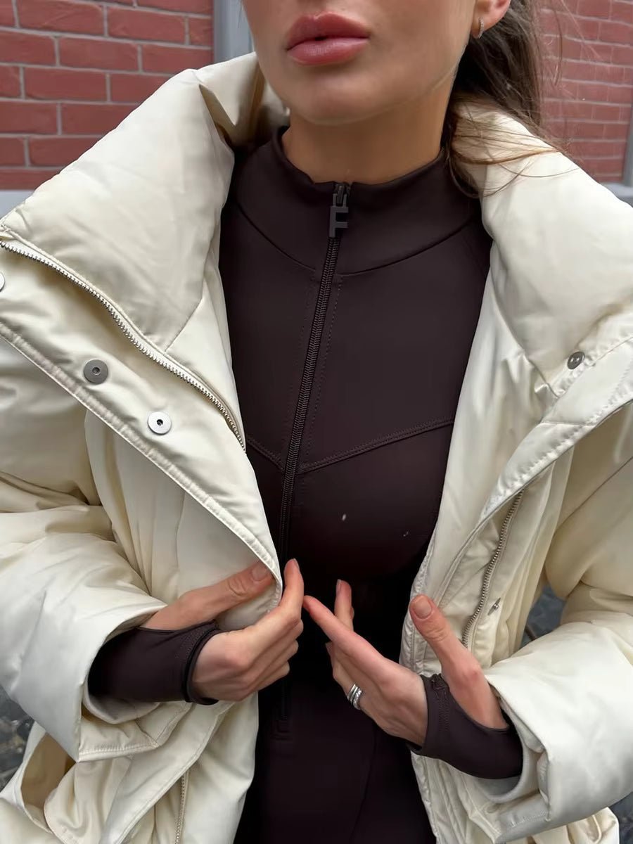 OLANE Quilted Stand Collar Padded Puffer Coat BeigeSWomen's Coats & Jackets