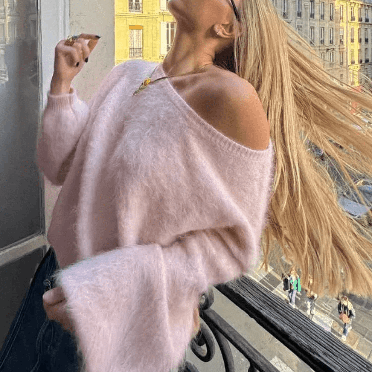 OLANE Relaxed Fit Off-Shoulder Mohair Sweater PinkSWomen's Sweaters & Cardigans