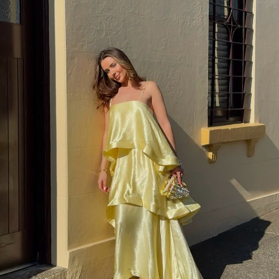 OLANE Romantic Tiered Ruffle Satin Maxi Dress YellowSWomen’s Dresses