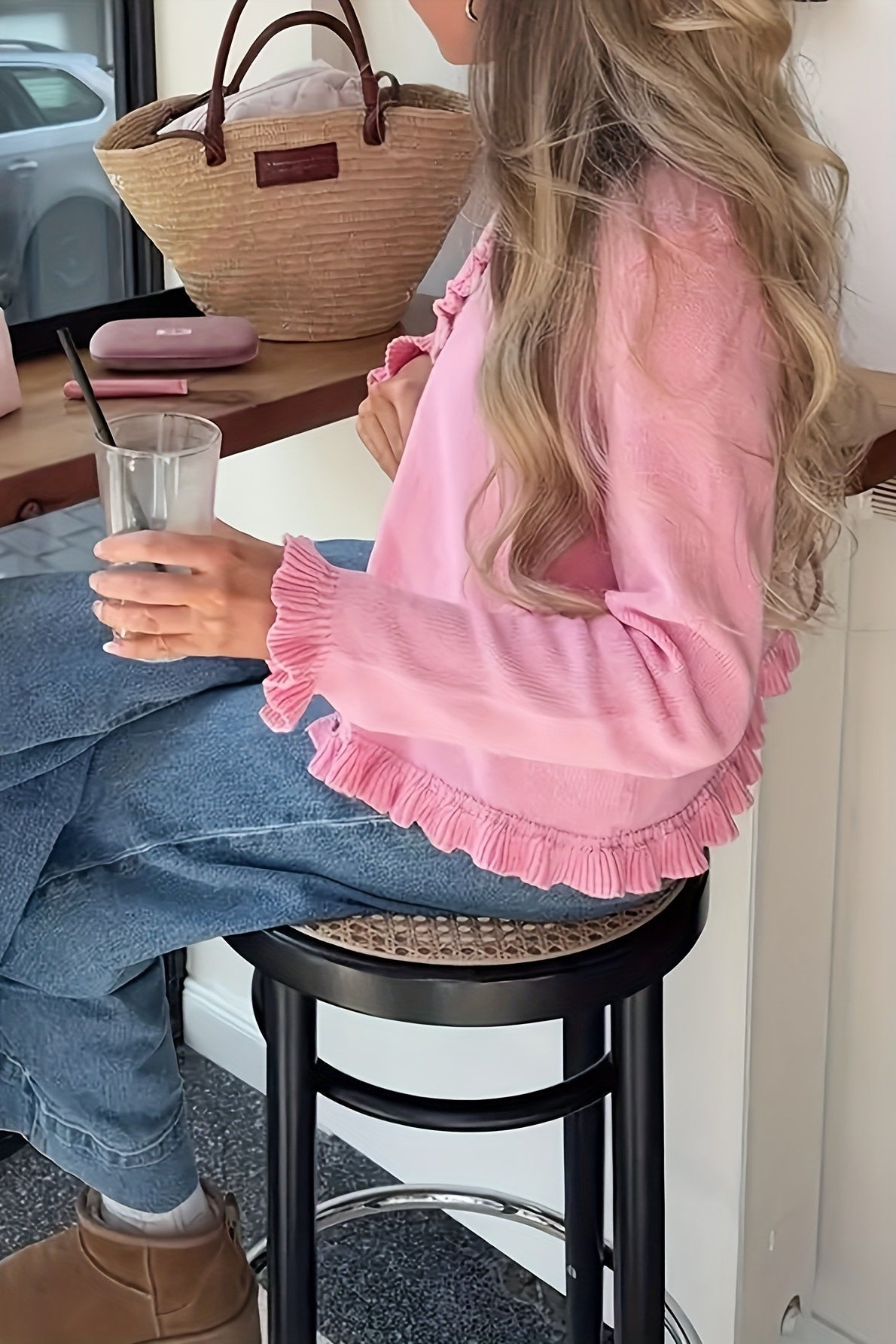OLANE Round Neck Frill Knit Cardigan PinkSWomen's Sweaters & Cardigans