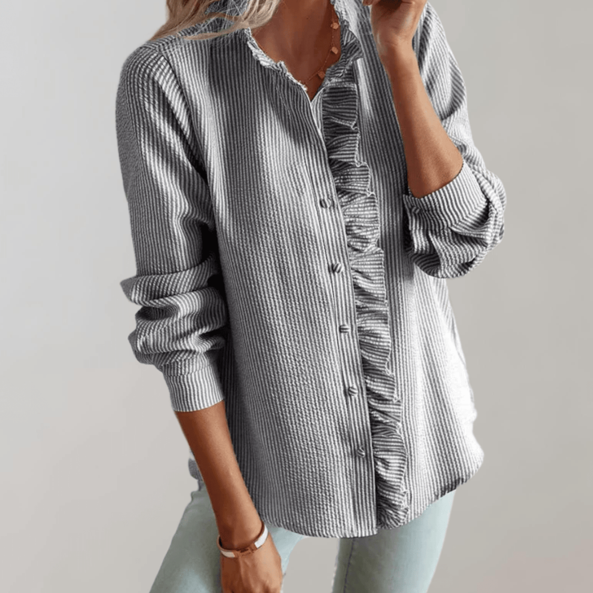 OLANE Ruffled Stand - Up Collar Loose - Fitting Blouse GraySWomen's Tops