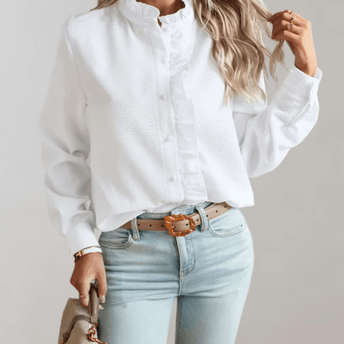 OLANE Ruffled Stand - Up Collar Loose - Fitting Blouse WhiteSWomen's Tops