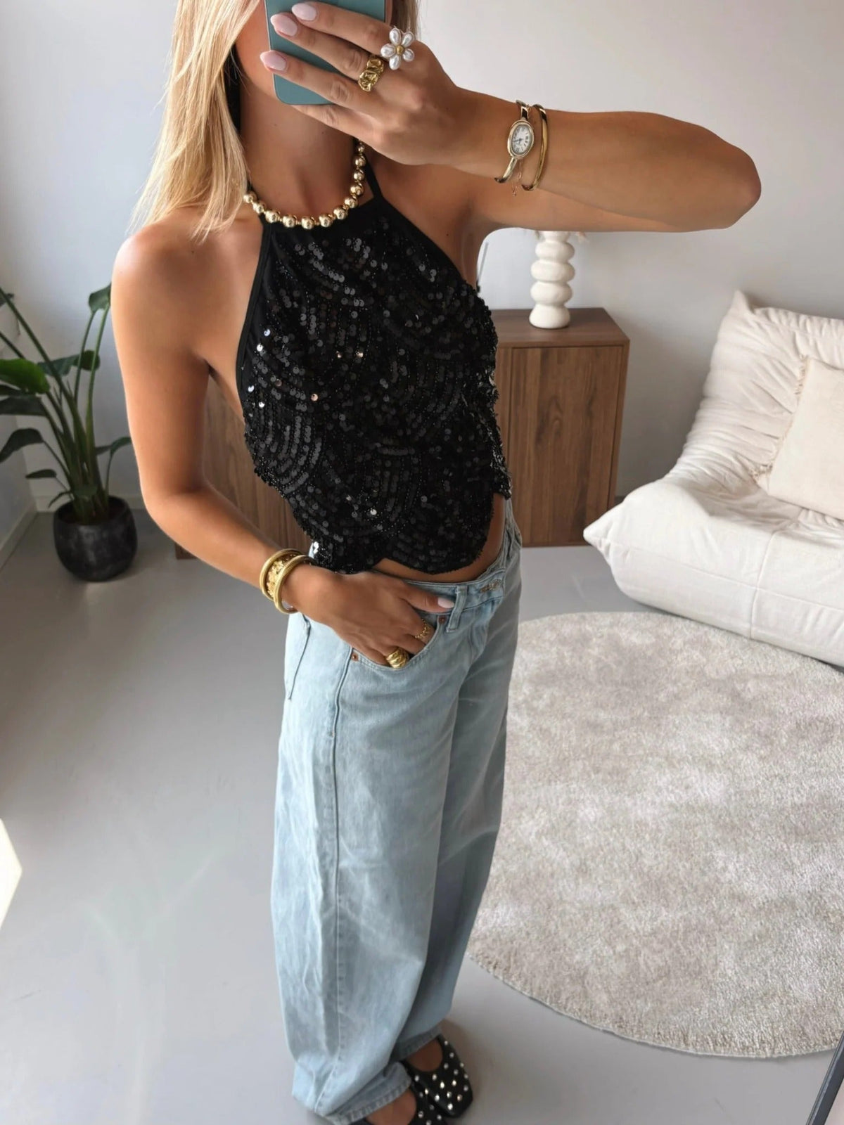 OLANE Sequin Backless Halter Top BronzeXSWomen’s Tops