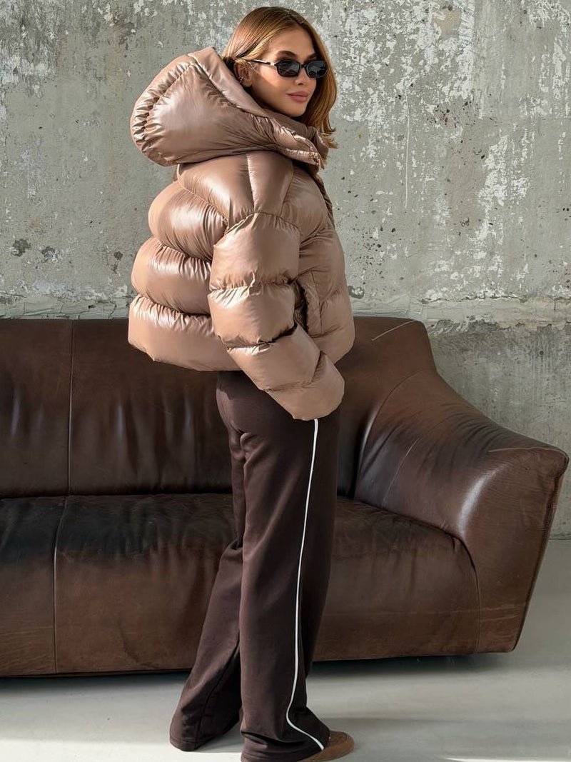 OLANE Short Glossy Hooded Puffer Jacket BrownMWomen's Coats & Jackets