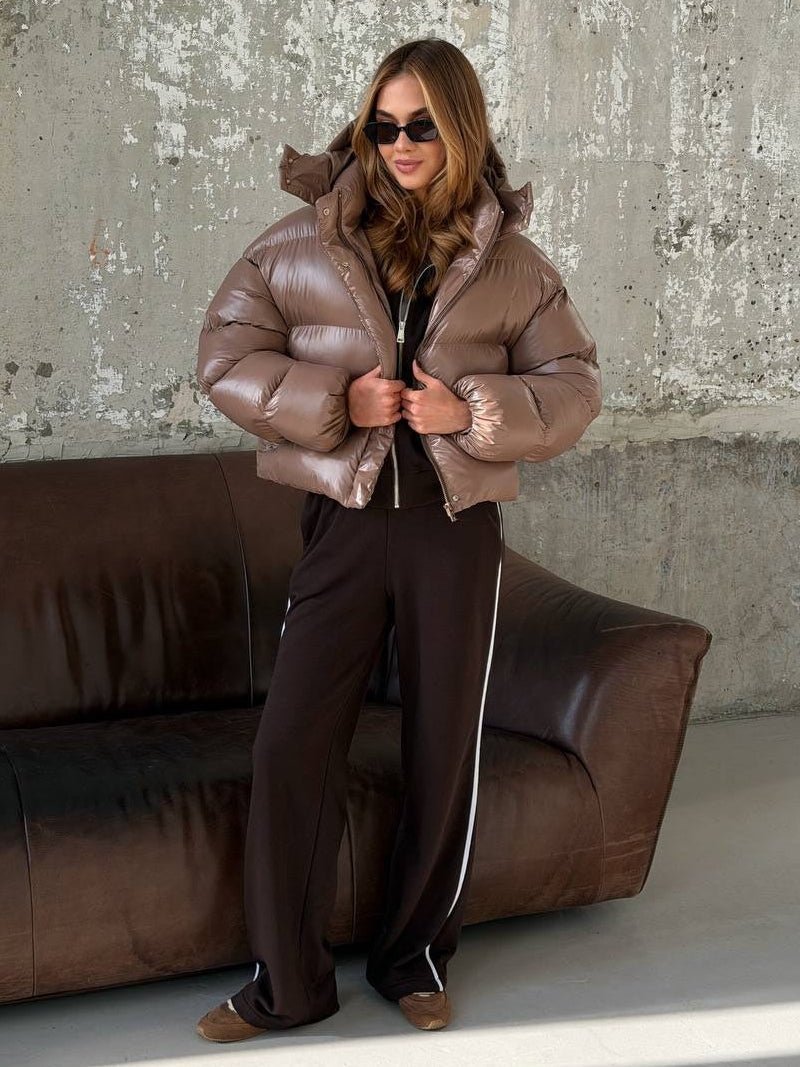OLANE Short Glossy Hooded Puffer Jacket BrownMWomen's Coats & Jackets