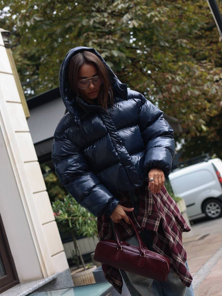 OLANE Short Glossy Hooded Puffer Jacket Navy BlueLWomen's Coats & Jackets