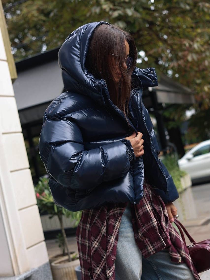 OLANE Short Glossy Hooded Puffer Jacket Navy BlueSWomen's Coats & Jackets
