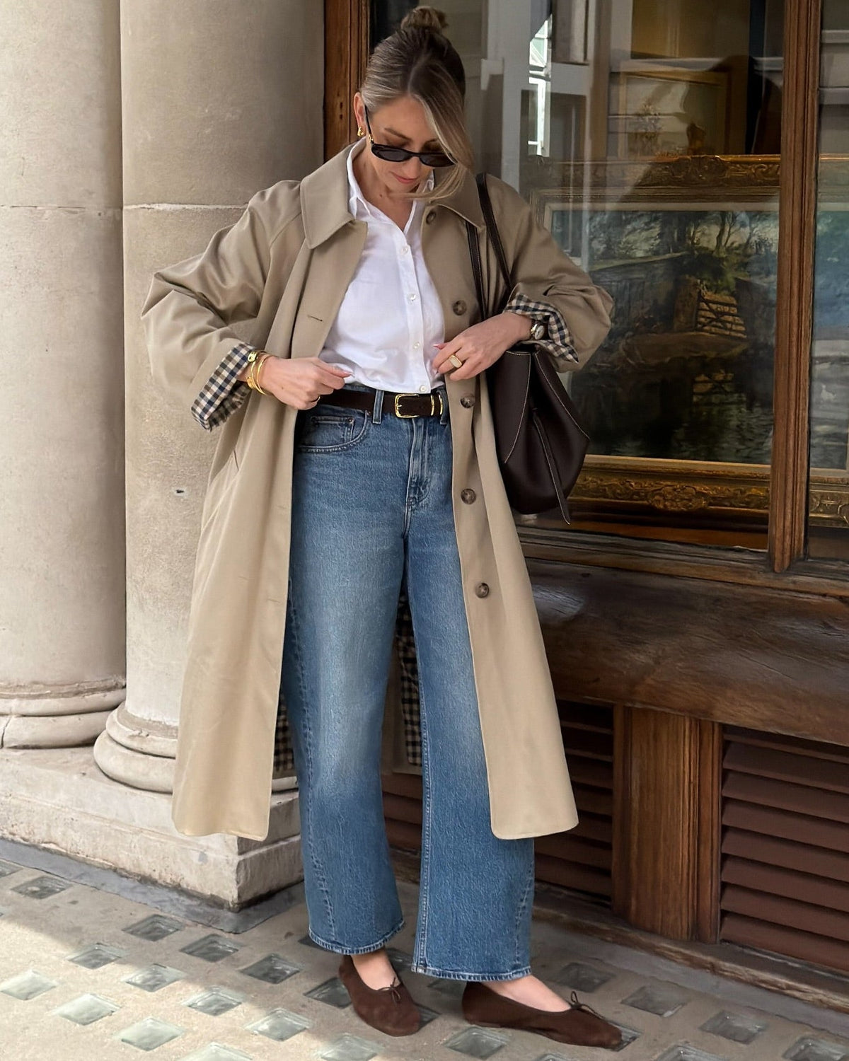 OLANE Single Breasted Check-Accent Trench Coat BeigeLWomen's Coats & Jackets