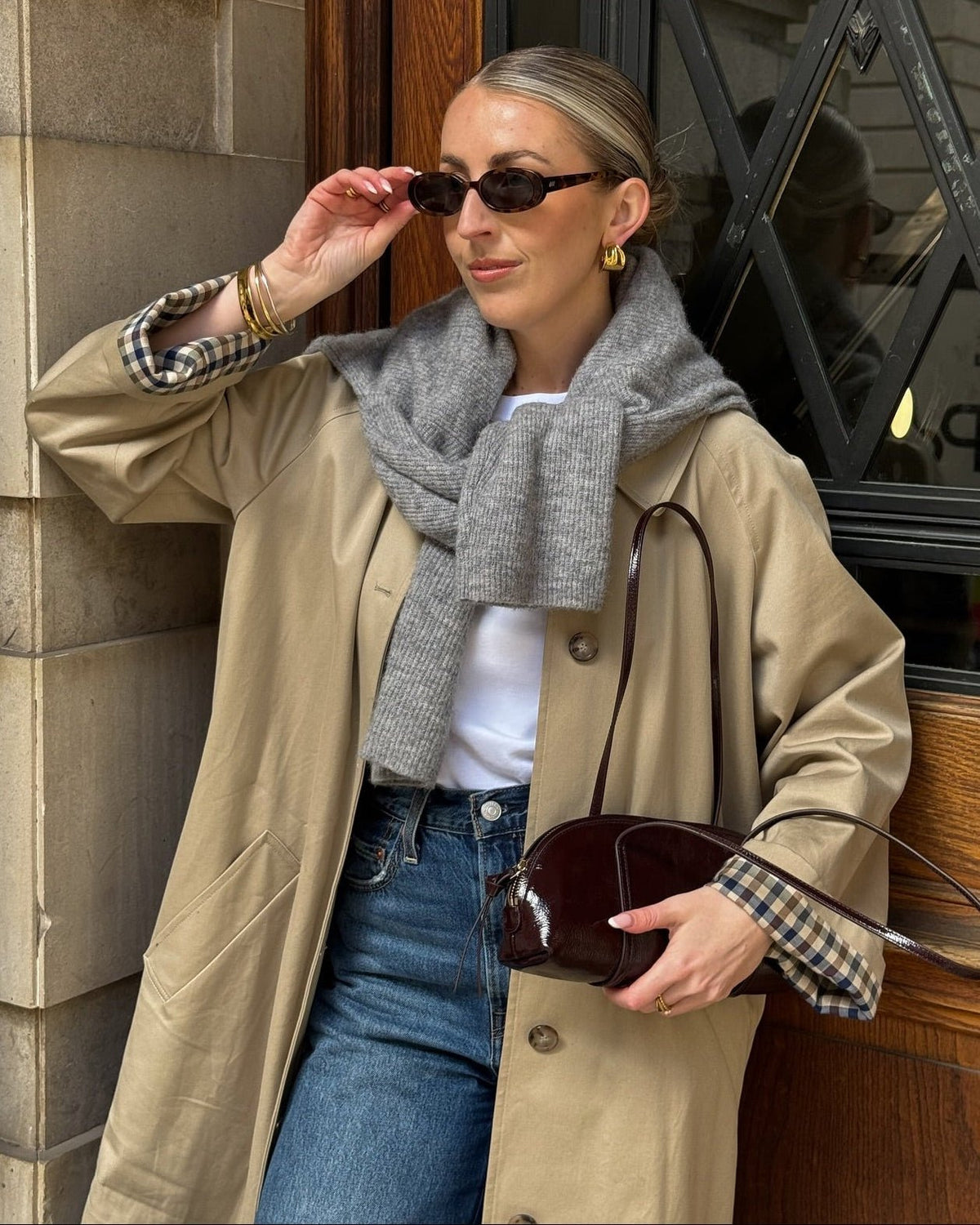 OLANE Single Breasted Check-Accent Trench Coat BeigeLWomen's Coats & Jackets