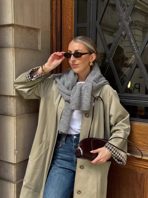 OLANE Single Breasted Check-Accent Trench Coat Sage GreenLWomen's Coats & Jackets