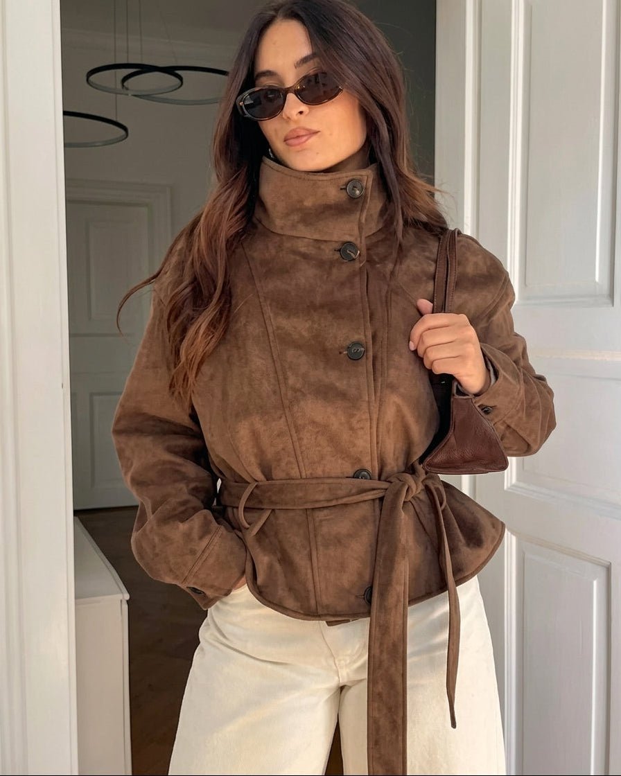 OLANE Single Breasted Faux Suede Lace Up Jacket BrownLWomen's Coats & Jackets
