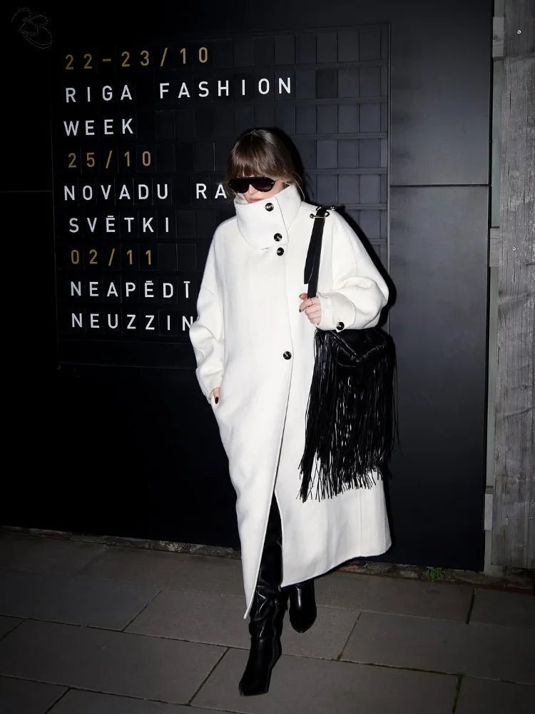 OLANE Single Breasted Stand Collar Long Coat IvoryLWomen's Coats & Jackets