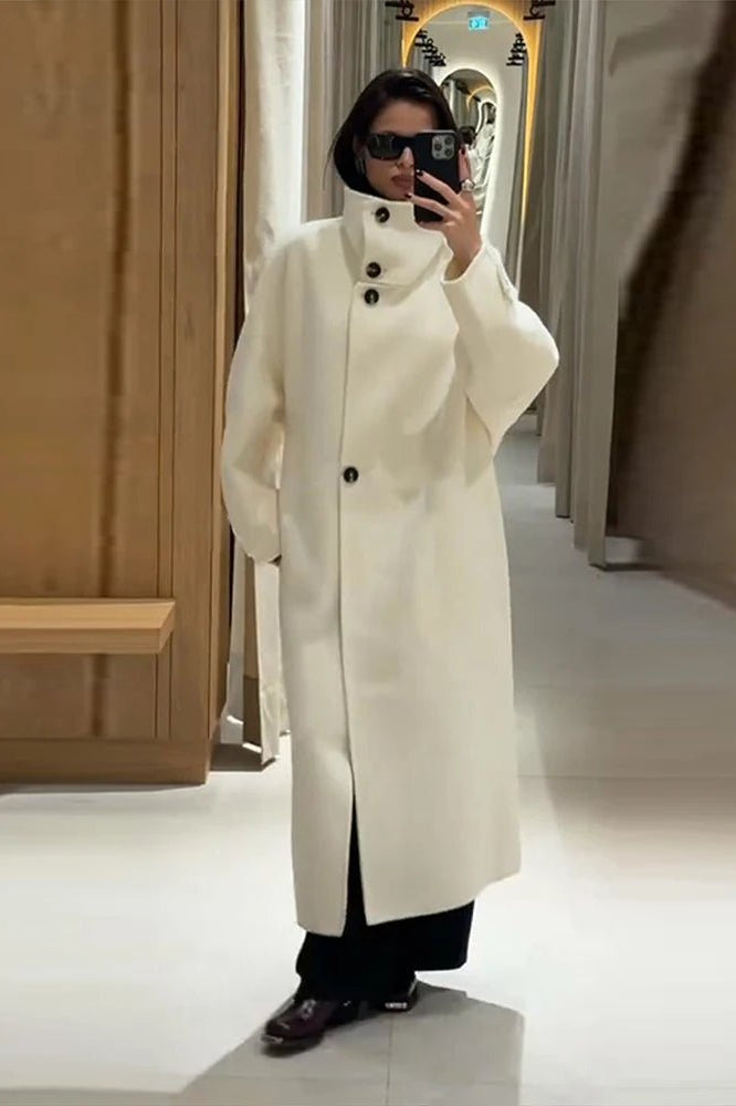 OLANE Single Breasted Stand Collar Long Coat IvorySWomen's Coats & Jackets