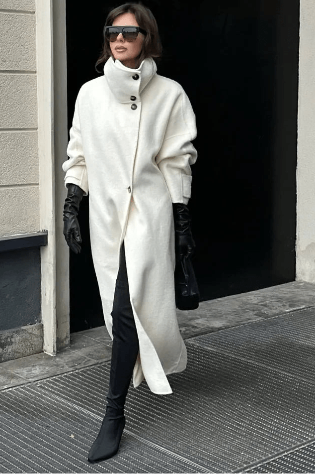 OLANE Single Breasted Stand Collar Long Coat IvorySWomen's Coats & Jackets
