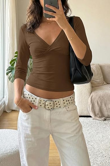 OLANE Slim-Fit Deep V Midi Sleeve Tee BrownSWomen's Tops