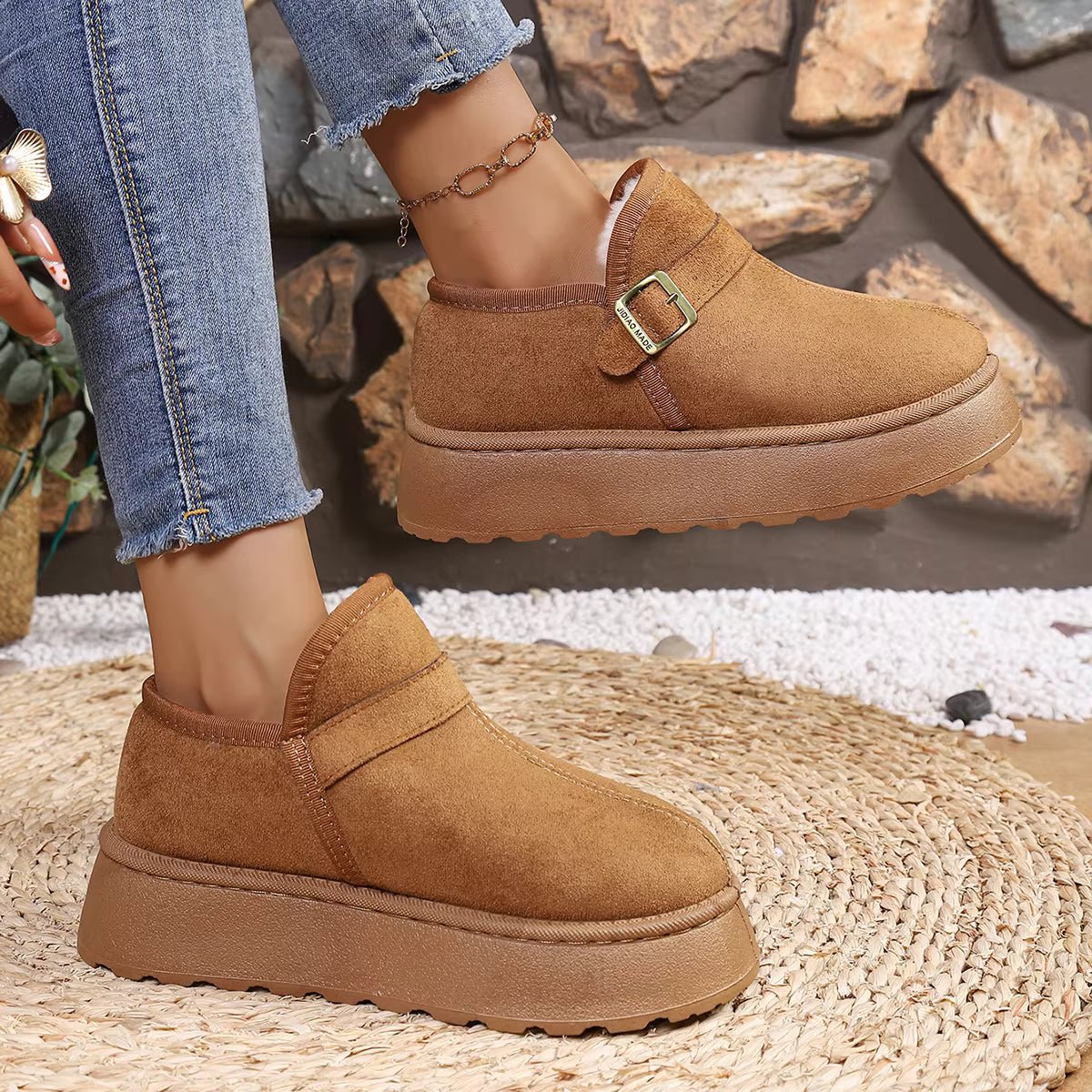 Slip-On Kunstwildleder-Plateau Knöchelstiefel