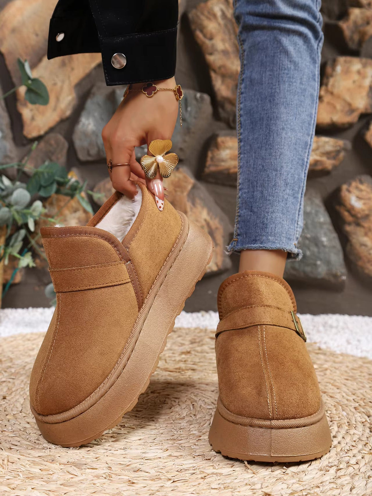 Slip-On Kunstwildleder-Plateau Knöchelstiefel