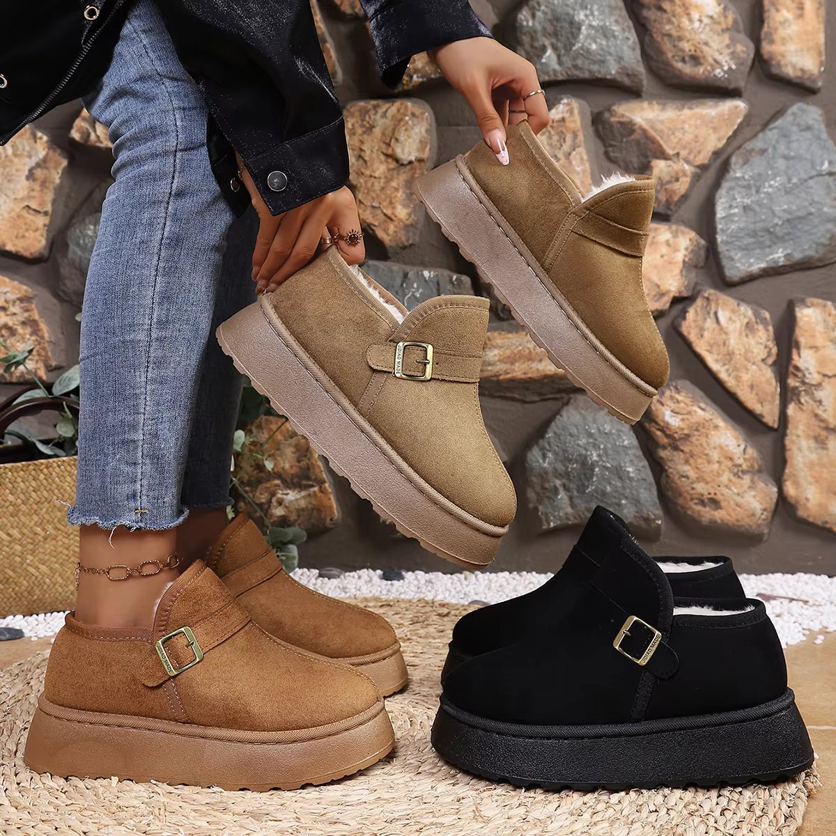 Slip-On Kunstwildleder-Plateau Knöchelstiefel