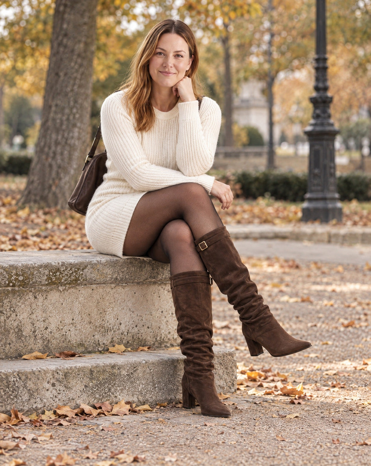 Locker sitzende kniehohe Stiefel aus Wildlederimitat