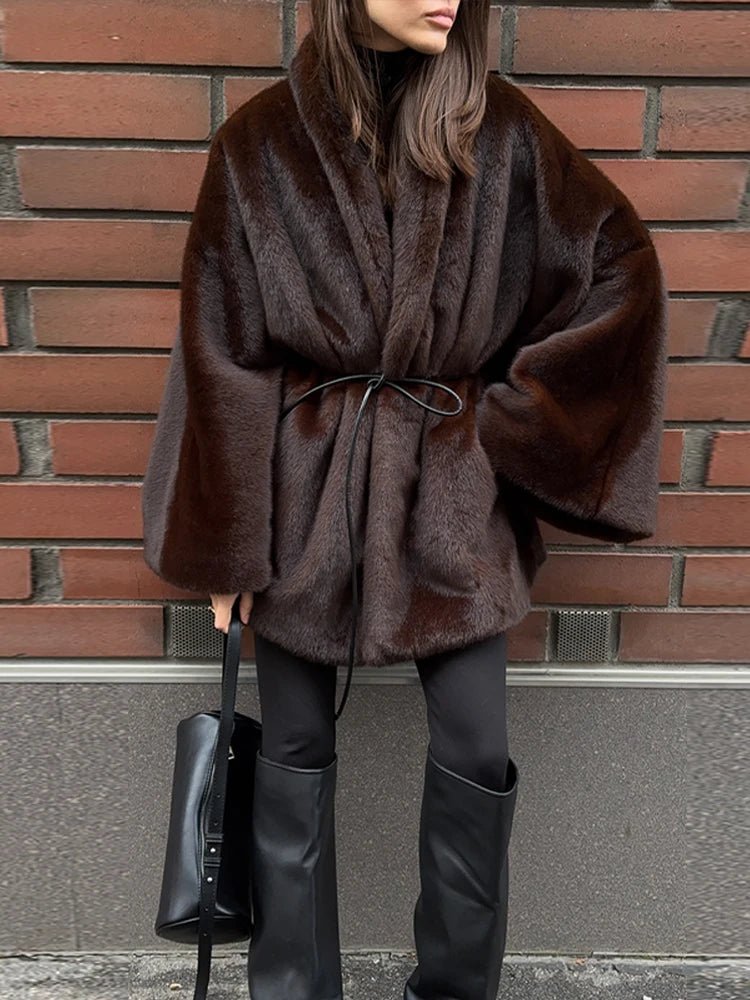 OLANE Soft Faux Fur Belted Short Jacket BrownMJacket