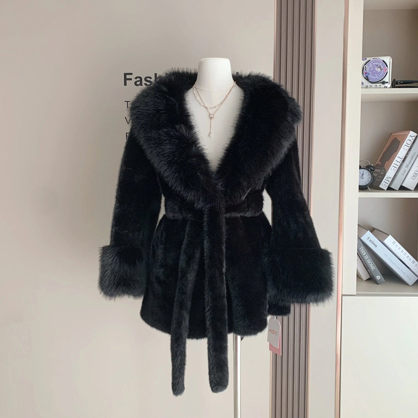 OLANE Soft Plush Faux Fur Trim Coat BlackSWomen's Coats & Jackets