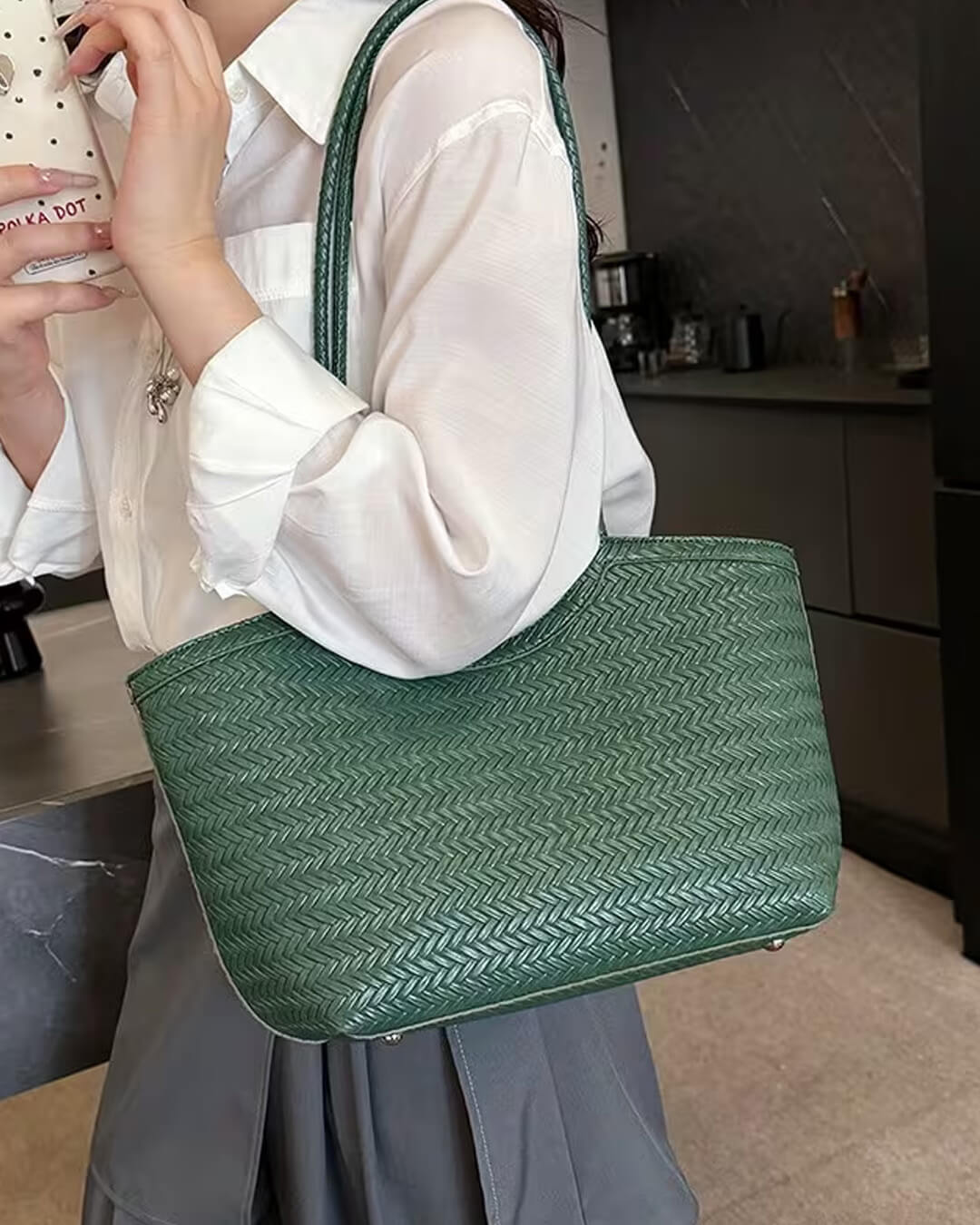 OLANE Spacious Woven Faux Leather Bag GreenRegularBag